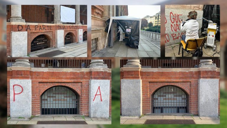 Laser rimuove i graffiti dalla facciata storica della Statale di Milano